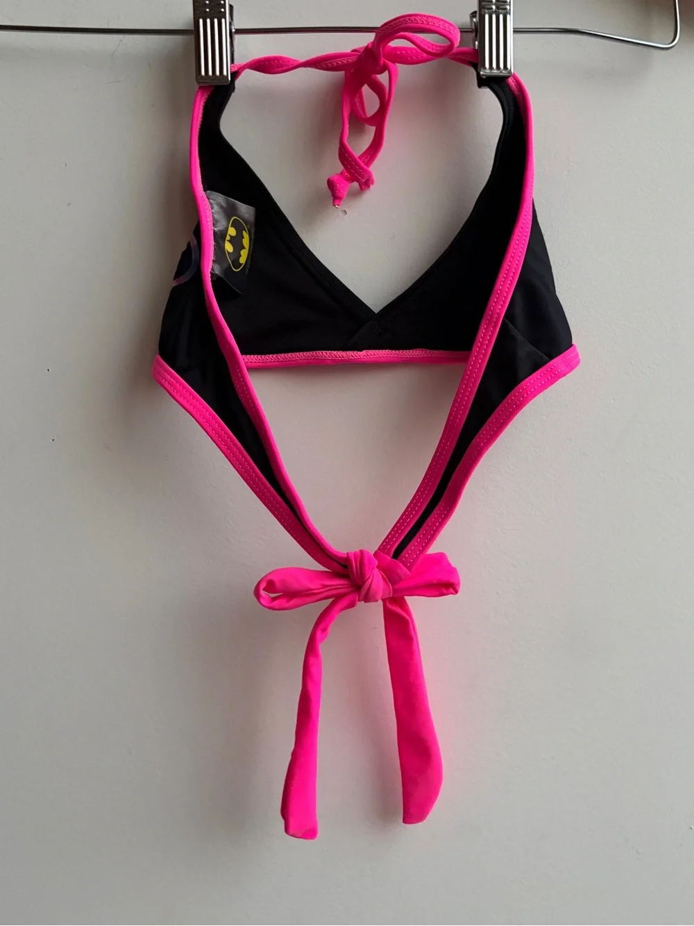Girls Batman DC Comics Black & Neon Pink Triangle Swim Top with Holographic Logo